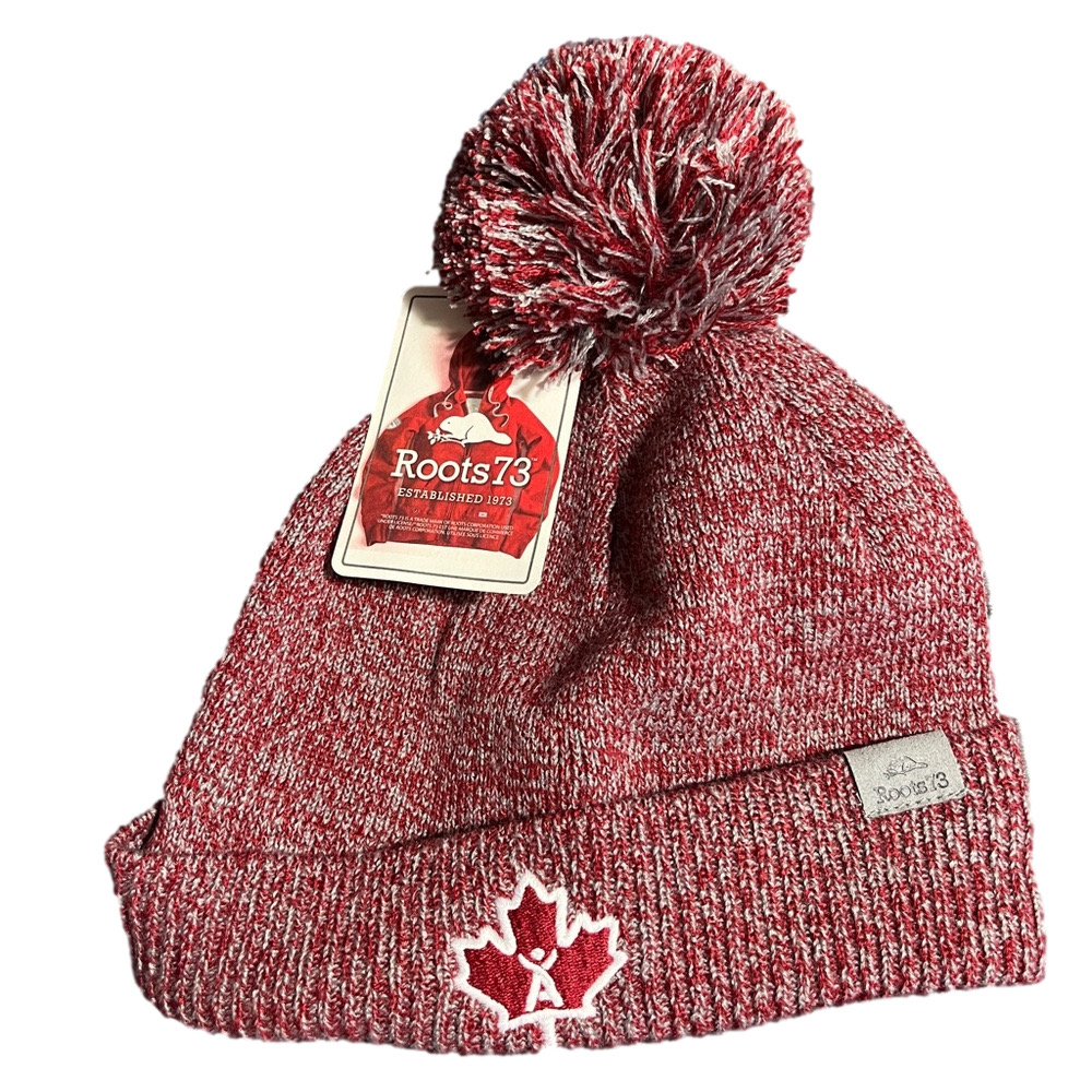 Roots Canada Red Heather Knit Beanie Toque Pom OS NWT